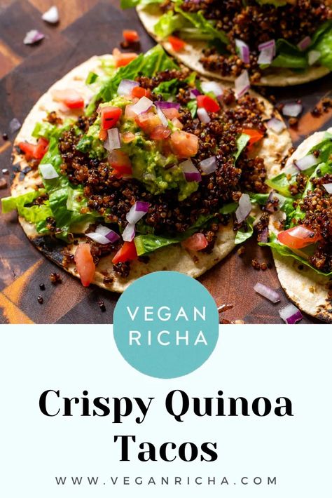 This quinoa taco recipe uses flavor-packed, crispy quinoa taco meat that you crisp up in the oven or on the stovetop. It’s loaded with crunchy lettuce, creamy guacamole, and savory pico de gallo. And it’s so easy to make! Quinoa Taco Meat, Vegan Entree Recipes, Dinner Mexican, Creamy Guacamole, Vegan Tacos Recipes, Quinoa Tacos, Crispy Quinoa, Taco Meat Recipes, Gluten Free Tortillas