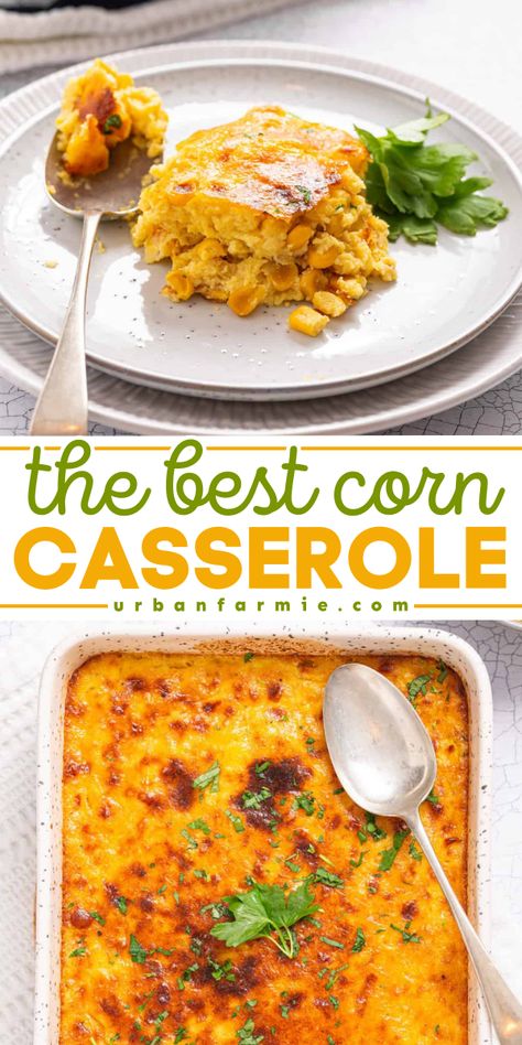 This is The Best Corn Casserole that is sweet and savory, and made without a Jiffy mix! The perfect vegetarian option for Thanksgiving side dish ideas or easy Christmas side dishes! Thanksgiving Veggie Casserole, Thanksgiving Corn Recipes Side Dishes, Corn Recipes Thanksgiving, Thanksgiving Corn Dish, Corn Side Dish Recipes Thanksgiving, Corn Thanksgiving Side Dish, Corn Dishes For Thanksgiving, Thanksgiving Corn Casserole, Corn Casserole Without Jiffy