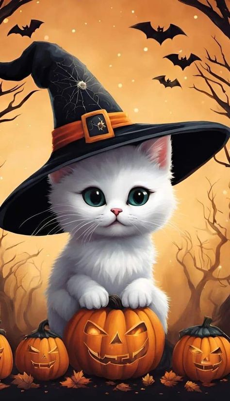 CAROL KING PRETTY PICTURES AND GIFS (#GCK) | So pretty 💋 Cute Halloween Cat Wallpaper, Happy Halloween Pictures Image, Halloween Cats Art, Halloween Imagenes, Happy Halloween Images, Happy Halloween Wallpaper, Halloween Imagem, Spooky Halloween Pictures, Happy Halloween Pictures