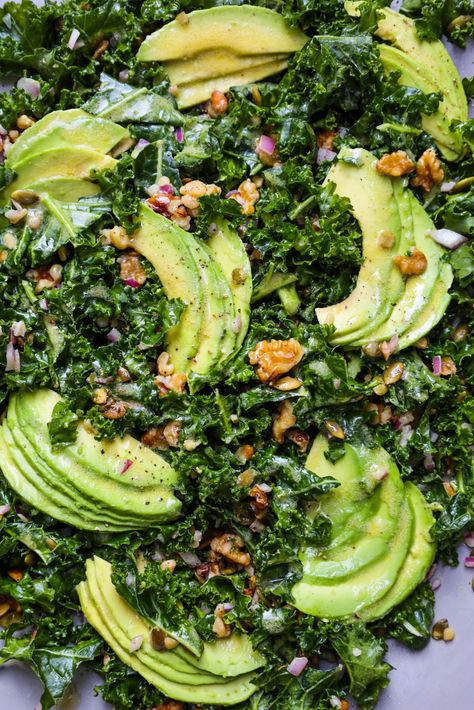 Dijon Vinaigrette, Kale Salad Recipes, Crunchy Salad, Honey Dijon, Kale Recipes, Kale Salad, Veggie Burger, Side Salad, Salad Ingredients