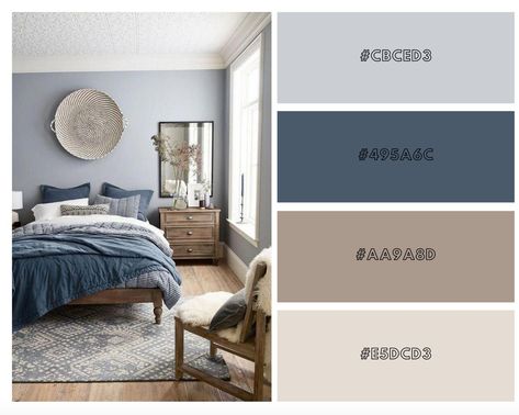 Bedroom Blue Walls Colour Palettes, Dusty Blue And Navy Bedroom, Blue Gray And Cream Bedroom, Blue And Earth Tones Bedroom, Blue Taupe Bedroom, Dusty Blue Master Bedrooms Decor, Beige Navy Bedroom, Cool Tone Bedroom Color Pallets, Navy Bedroom Color Scheme