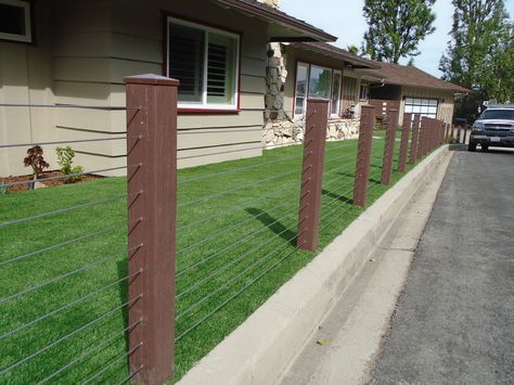 Endwood Vinyl Semi-Privacy Fence & Stainless Steel Cable Railing - Modern - Landscape - Los Angeles - by Fence Factory | Houzz Modern Wire Fence, Cable Fence, Cable Fencing, Backyard Fencing, Steel Cable Railing, Stainless Steel Cable Railing, Outdoor Fence, Backyard Fence, Front Fence