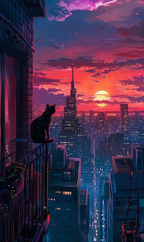 Lofi Sunset Wallpaper, Cityscapes Drawing, Sunset Illustration Art, Digital Art Scenery, Cat And Sunset, City Landscape Illustration, Phone Wallpaper Cat, City Sunset Aesthetic, City At Night Aesthetic