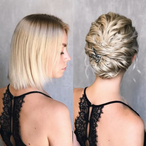 30 Updos for Short Hair to Feel Inspired & Confident in 2020 - Hair Adviser Neck Length Hair, Updos For Short Hair, Kort Bob, Short Hair Bun, Mother Of The Bride Hair, Hair Adviser, Half Up Half Down Hairstyles, Prom Hair Down, Chin Length Hair