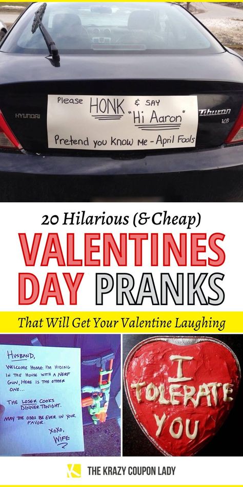 Valentine's Day doesn't have to be sappy, expensive, or overly dramatic! Have a little fun with your boyfriend or girlfriend with these hilarious & cheap Valentine's Day pranks, especially if your husband or wife is your best friend. The Krazy Coupon Lady has the funny & inexpensive Valentine's pranks that will have everyone laughing. Valentines Day Funny Hilarious, Pranks On Husband, Husband Pranks, Birthday Pranks, Euphoria Nails, Valentines Day Funny, The Krazy Coupon Lady, Krazy Coupon Lady, Valentines Day Treats