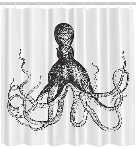 Ambesonne Nautical Sea Creatures Decor Collection Octopus Print Kraken in Ocean Polyester Digital Print Fabric Art Painting Home Decor Bathroom Accessories Gray and White Shower Curtain 69" W/70 L: Amazon.co.uk: Kitchen & Home Coastal Shower Curtain, White Sketches, Black And White Shower Curtain, Mini Bathroom, Beach Shower Curtains, Gray Shower Curtains, Vintage Octopus, Beachfront Decor, Octopus Print