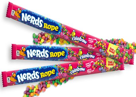 Uncovering tangy, sweet Nerds® flavors is as easy as following a rainbow. That is if it's Rainbow Nerds® Rope. Chewy gummy rope is coated with colorful pieces of crunchy, tart classic Nerds candy. This rainbow comes in 5 fruity flavors: lemon, orange, strawberry and watermelon.