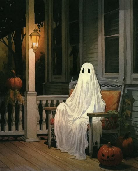 Trick Or Treaters, Halloween Artwork, Autumn Scenes, Halloween Images, The Porch, A Ghost, Trick Or Treater, Halloween Pictures, Halloween Celebration