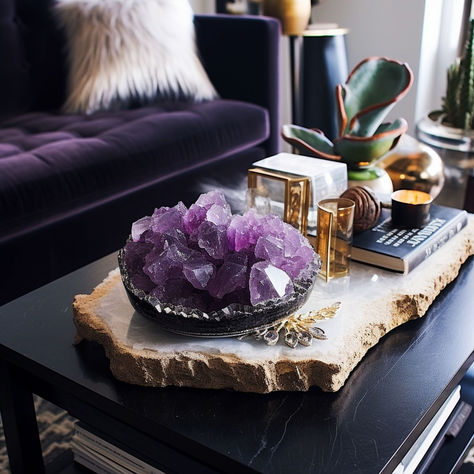 7 Magical Amethyst Home Decor Ideas Gem Stone Decor Ideas, Large Crystal Display, Big Crystals Home Decor, Crystal Decor Ideas, Amethyst Crystal Decor, Gem Accessories, Amethyst Decor, Crystals Home Decor, Crystals Decor