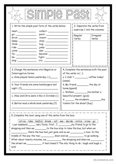 Simple Past- exercises for revision: English ESL worksheets pdf & doc Simple Past Worksheet, Revision English, Simple Past Tense Worksheet, Past Tense Worksheet, Tenses English, English Grammar Exercises, Simple Past, Simple Past Tense, Past Simple