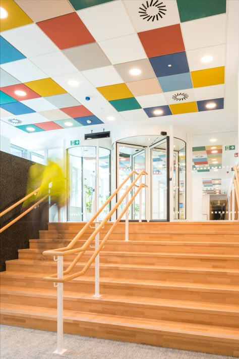 checkered ceiling design with colorful ceiling tiles Colourful Ceiling Design, Bar Tiles Design, Checkerboard Ceiling, Act Ceiling Design, Checkered Ceiling, School Ceiling Design, Colourful Office Interior, Ceiling Tiles Ideas School, Ceiling Tile Art School