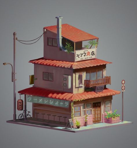 ArtStation - Ramen Shop, Anaïs Ketterer City Building Game, Modern Japanese Architecture, Japanese Town, Traditional Japanese Architecture, Science Fiction Artwork, Ramen Shop, Cartoon House, Shop Illustration, Building Art