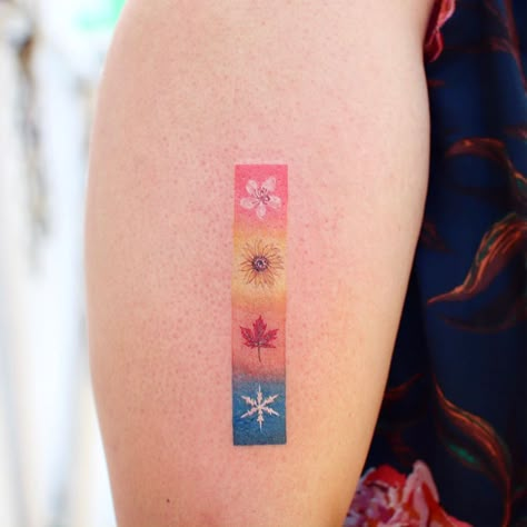 Four Season Tattoo Ideas, 4 Season Tattoo, Tattoo Seasons, Season Tattoo Ideas, 4 Seasons Tattoo, Four Seasons Tattoo, Season Tattoo, Seasons Tattoo, Pastel Tattoos