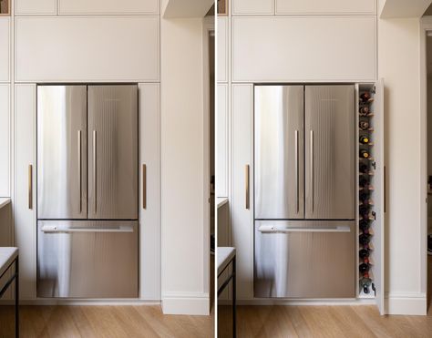 Slim Cabinet Next To Fridge, Narrow Cabinet Next To Fridge, Fridge With Tall Cabinets, High Ceiling Kitchen Storage, Fridge Against Wall, Fridge Tall Cabinet, Side By Side Fridge, Side Of Fridge Storage, Tall Narrow Fridge