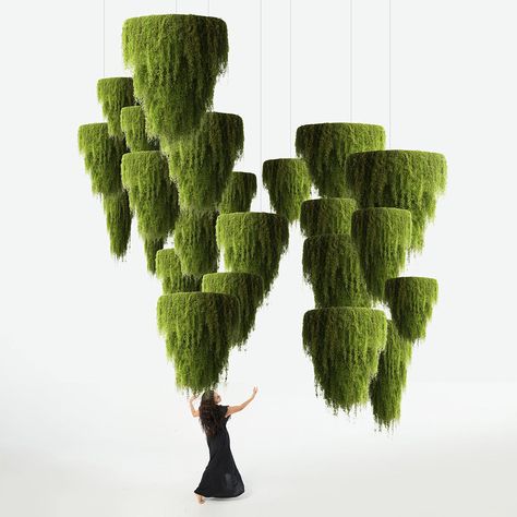 Featured at Art Basel 2024 as part of The Spanish Moss Sanctuary installation, our hanging floating gardens bring the beauty and magic of nature into your space. The hanging gardens are installed from the ceiling, pergola or tall trees and can come with live Spanish moss for exterior use or with preserved moss for interior use. On-site installation is not included in the price and can be coordinated with our team as needed. Disclaimer: The Spanish Moss used to create this chandelier can be flamm Moss Light Fixture, Spanish Moss Decor, Ceiling Flowers Wedding, Tree Installation Art, Moss Tablescape, Moss Chandelier, Foliage Chandelier, Ceiling Flower Design, Tree Art Installation