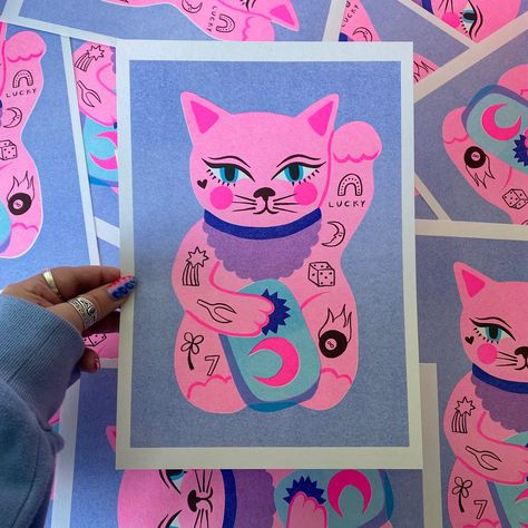 Lucky Cat A4 Risograph Print - Etsy Risoprint Illustration, Riso Illustration, Riso Poster, Reference Cartoon, Risograph Design, Riso Printing, East End Prints, Gouache Illustrations, Riso Print