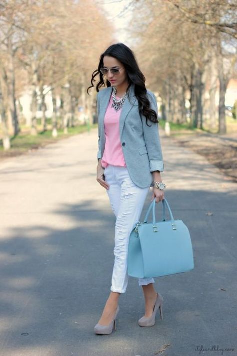 Trendy Blazer Outfits, Casual Work Outfit Spring, Trendy Blazers, Blazer Outfits For Women, Spring Work Outfits, Blue Purse, Outfit Trends, Blazer Outfits, Trend Fashion