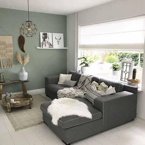 Charcoal Sofa Living Room, Living Room Sofas Ideas, Living Room Design Green, Sofas Ideas Living Room, Dark Grey Sofa Living Room, Sage Living Room, Dark Grey Couch Living Room, Green Walls Living Room, Dark Grey Living Room