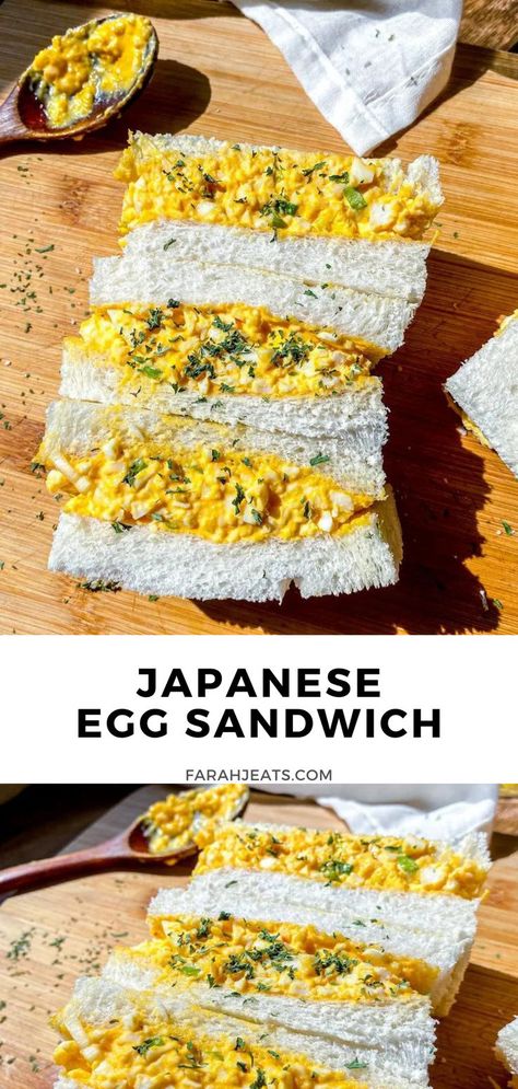 2 photos of 3 Japanese egg sandwiches served on a wooden board. Next to the sandwiches is a wooden spoon. Breakfast Picnic Food Ideas, Japanese Appetizers Easy, Asian Breakfast Ideas, Chicken Breakfast Sandwich, Simple Picnic Food Ideas, Japanese Breakfast Recipes, Egg Sandwich Recipes, Easy Egg Salad Sandwich, Japanese Toast