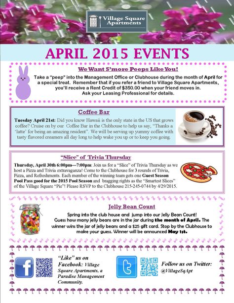 Come join us for our fabulous resident events all throughout April! Resident Event Ideas, Resident Events Ideas Apartments, April Images, Property Management Marketing, Assisted Living Activities, Resident Retention, Resident Events, Apartment Marketing, Apartment Management