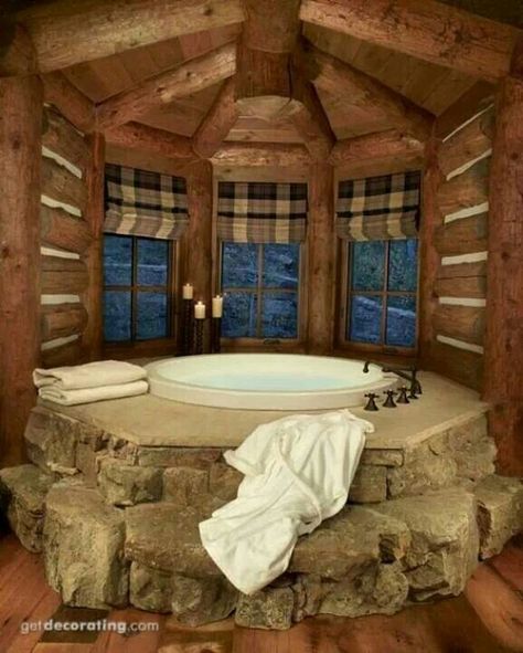 Beautiful master bath inside or outside or a hot tub outside in a Tudor style home with a turret. Cabin Bathroom, Log Cabin Homes, Dream Bathrooms, A Log, Cabin Homes, Cabins In The Woods, Dream Rooms, Beautiful Bathrooms, Home N Decor