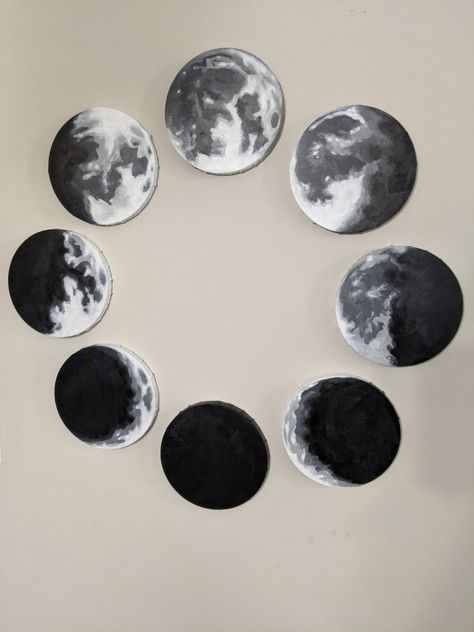 8 - 8" round canvases. Acrylic multi-part moon phase painting. Moon Phase Painting, Moon Phase Art, Painted Records, Cd Wall Art, Vinyl Art Paint, Circular Canvas, Cd Painting, Moon Phases Art, Record Painting