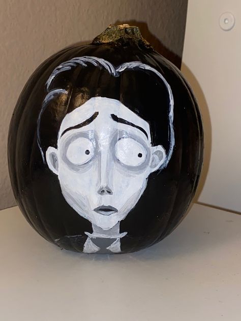 Pumpkin Painting Ideas Emily Corpse Bride, Edward Scissorhands Pumpkin Painting, Pumpkin Painting Ideas Tim Burton, Emily Corpse Bride Pumpkin Painting, Corpse Bride Painted Pumpkin, Painted Decorated Pumpkins, Pumpkin Painting Corpse Bride, Pumpkin Painting Ideas Corpse Bride, Coraline Pumpkin Painting Ideas