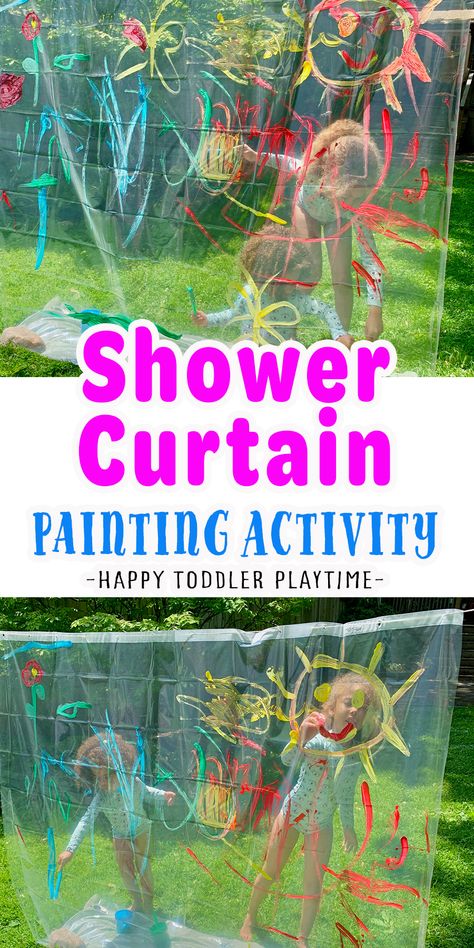 The Best Summer Activity: Shower Curtain Painting - HAPPY TODDLER PLAYTIME Shower Curtain Painting, Curtain Painting, Summer Activities For Toddlers, Summer Fun For Kids, Summer Preschool, Outside Activities, Fun Summer Activities, Toddler Summer, Daycare Activities