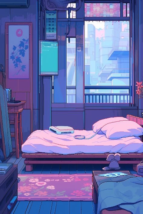 Lofi Art Night, Lofi Night, Desk Anime, Relaxing Wallpapers, Purple Aesthetic Wallpaper, Fantasy Bedroom, Vaporwave Art, Iphone Wallpaper Sky, Liminal Spaces