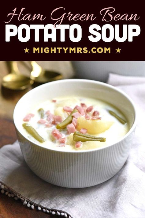 This Ham Green Bean and Potato Soup is quick and easy! Everything cooks on the stovetop and takes just 30 minutes from start to finish. Made with packaged diced ham or use leftover ham and include the ham bone for added flavor. Use fresh or canned green beans, and any type of potato. This creamy soup will hit the spot and is so simple to make. Save time and use canned potatoes. Just 5 ingredients! Add cheddar cheese and chives for extra flavor. Green Bean And Potato Soup, Ham Green Beans Potatoes, Bean Potato Soup, Bean And Potato Soup, Old Fashioned Ham, Green Bean Soup, Ham And Green Beans, Creamy Green Beans, Green Beans Soup