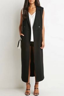 Solid Color Sleeveless Lapel Collar Long Trench Coat Gilet Outfit Women, Gilet Outfit, Sleeveless Trench Coat, Sleeveless Trench, Sleeveless Coat, Long Trench, Sweater Vest Women, Long Trench Coat, Long Vests