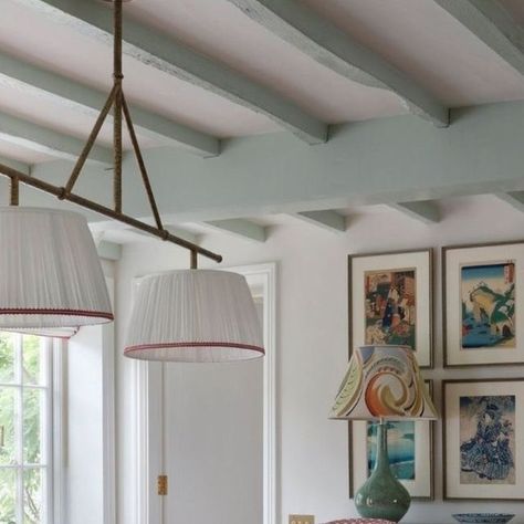 Georgie Wykeham Designs on Instagram: "Adore this dining room designed by @studiopeake 🩵  The painted beams look so fresh and we LOVE the dining chairs upholstered in @studiocathynordstrom Faye fabric! ⁠ Photo by @alexanderjamesphoto  -  #diningroom #cottagedesign #paintedbeams #diningchairs #upholsteredchairs #upholstery #britishinteriors #englishinteriors #modernscandi #colourfulscandi #scandiinteriors #pendantlight #cathynordstrum" Painted Exposed Beams, Beams Ceiling Painted, Painted Beams Living Room, Painted Beams Ceiling, Painted Ceiling Beams, Painted Beams, Beams Living Room, Dining Chairs Upholstered, Ceiling Details