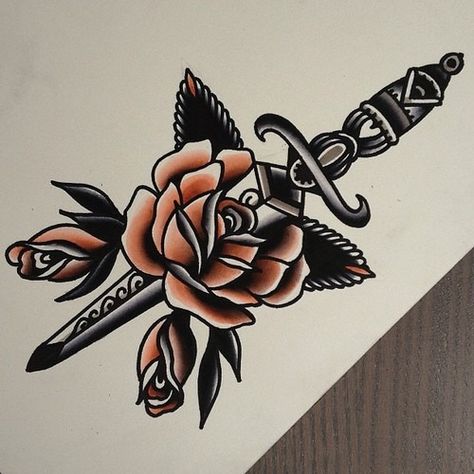 Old School Tattoo Rose, Old School Rose, Rose And Dagger, Backpiece Tattoo, Knife Tattoo, Traditional Roses, Inspiration Tattoos, Tattoo Traditional, Geniale Tattoos