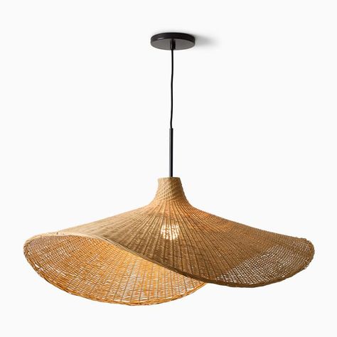 Callie Woven Pendant (25"–35") | West Elm Sunroom Living Room, Living Room Light Fixtures, Dining Room Pendant, Pendant Lighting Dining Room, Bamboo Shades, Bamboo Crafts, Boho Pendant, Outdoor Dining Furniture, West Elm