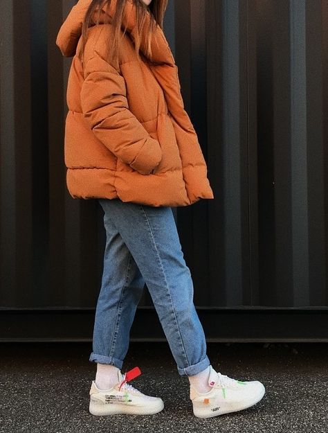 Orange Puffer Jacket Outfit, North Face Puffer Jacket Outfit, Orange Puffer Jacket, Puffer Jacket Outfit, North Face Puffer Jacket, Jacket Outfit, Aesthetic Colors, Rust Orange, Fall Winter Outfits