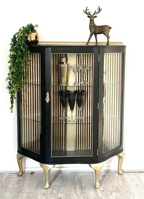 Black And Gold Curio Cabinet, Upcycled Drinks Cabinet, Vintage Drinks Cabinet, Drinks Cabinet Ideas, Floating Nightstand Ideas, Cabinet Upcycle, Drinks Cabinets, Cocktail Cabinets, Gin Cabinet