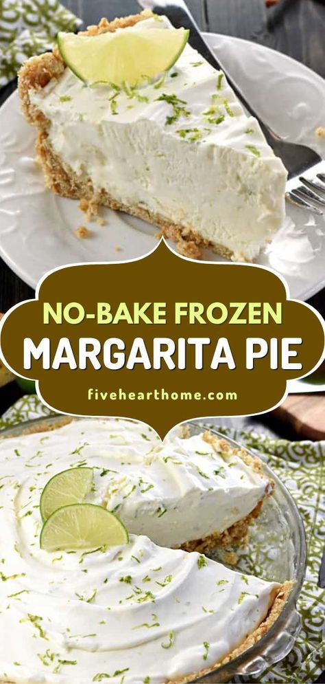 Whip up this No-Bake Frozen Margarita Pie! Made with tequila and triple sec, it's a boozy Labor Day party food adults will enjoy. Non-alcoholic version for this easy dessert recipe included! Party Food Adults, Margarita Dessert Recipes, Margarita Pie Recipe, Frozen Margarita Pie, Margarita Pie, Dinner Spring, Desserts For Kids, Labor Day Party, Dessert Pie Recipes