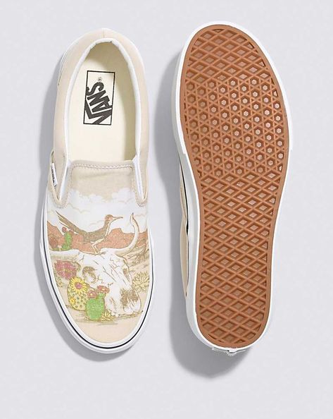 Classic Slip-On Desert Vibes Shoe Painted Vans Slip On, Wall Style, Painted Vans, Skater Shoes, Desert Vibes, Saguaro Cactus, Desert Landscape, Cow Skull, Vans Slip On