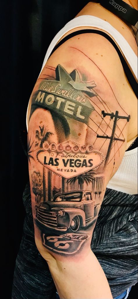 Vegas Theme Tattoo, Chevy Truck Tattoo, Las Vegas Tattoo Ideas, Rockabilly Tattoo Designs, Mustang Tattoo, Las Vegas Tattoo, Elvis Tattoo, Truck Tattoo, Vegas Tattoo