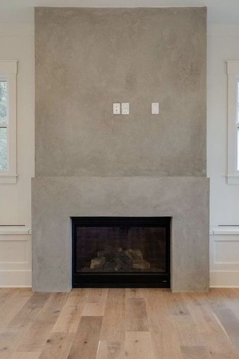 Concrete Finish Fireplace, Square Fireplace Tv Wall, Concrete Plaster Fireplace, Fireplace Drywall Surround, Grey Plaster Fireplace, Ardex Feather Finish Fireplace, Modern Cement Fireplace, Cement Board Fireplace, Studio Mcgee Fireplace Ideas