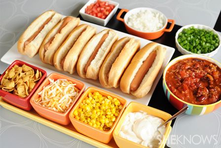 Family dinner night: Chili bar with hot dogs – SheKnows Chili Bar Party, Hot Dog Party, Chili Bar, Family Dinner Night, Nacho Bar, Hot Dog Chili, Hot Dog Bar, Easy Chili, Chili Dogs