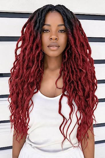 Goddess Faux Locs Crochet Hair Bohemian Locs 24 Inches Afro Dreadlock Faux Dreads Ombre Red Crochet Hiar For Black Women Crochet Dreads Black Women, Ombre Dreadlocks Black Women, Red Ombre Locs Black Women, Red Ombré Locs, Burgundy Boho Locs, Ombre Locs Black Women, Red Ombre Faux Locs, Burgundy Faux Locs Black Women, Red Goddess Faux Locs