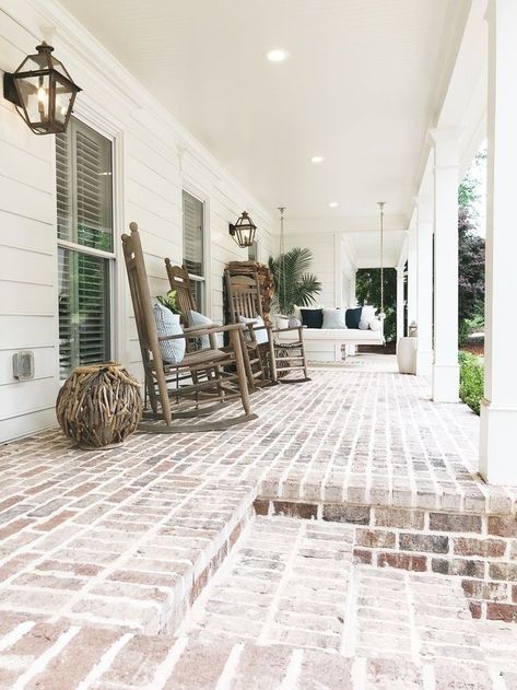 Brick Porch, Front Porch Swing, House Front Porch, Rocking Chair Porch, Front Porch Design, Farmhouse Front Porches, Porch Flooring, Modern Farmhouse Exterior, Porch Design