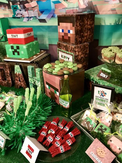 Minecraft Birthday Party Ideas | Photo 27 of 35 | Catch My Party Birthday Theme Minecraft, Minecraft Birthday Centerpieces, Lego Minecraft Birthday Party, Minecraft Birthday Food, Minecraft Centerpiece Ideas, Class Birthday Treats, Minecraft Themed Birthday Party, Minecraft Party Ideas, Minecraft Party Food