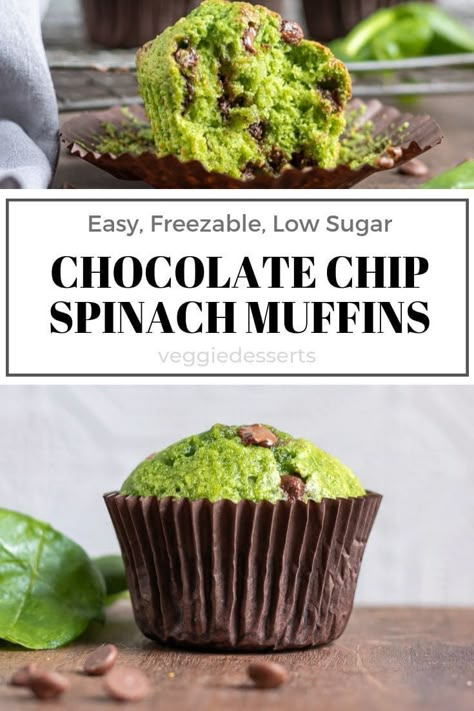 Sweet Spinach Muffins with chocolate are a tasty, easy hidden vegetable recipe! The whole family will love them. You can't taste the spinach but it makes them naturally bright green! Perfect for breakfast, lunch or dessert. #spinachmuffins #greenmuffins #hiddenveg #hiddenvegetables #healthykidsfood Spinach Banana Chocolate Chip Muffins, Sweet Spinach Muffins With Banana, Sweet Spinach Muffins, Spinach Oat Muffins, Hidden Vegetable Desserts, Spinach And Avocado Recipes, Hidden Vegetable Muffins, Spinach Baked Goods, Green Muffins Kids