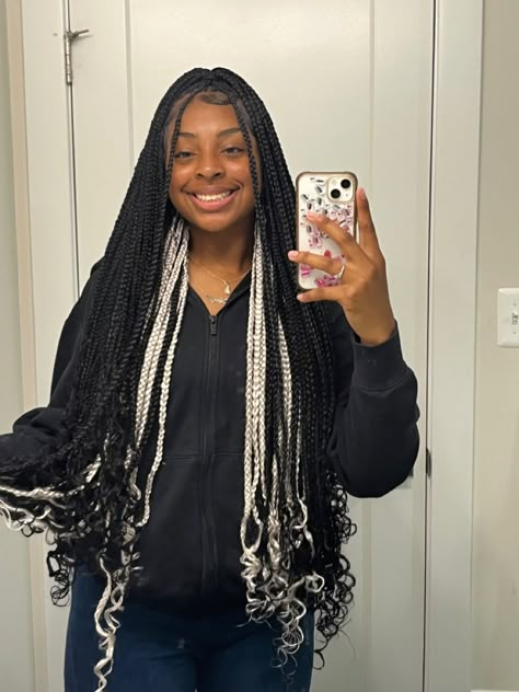 Box Braids With White Highlights, Black And Blonde Box Braids Peek A Boo, Black And White Braids Peekaboo, Black And White Braids For Black Women, Little Black Girls Braided Hairstyles, Black Girls Braided Hairstyles, Girls Braided Hairstyles, Curly Knotless, Curled Hair With Braid