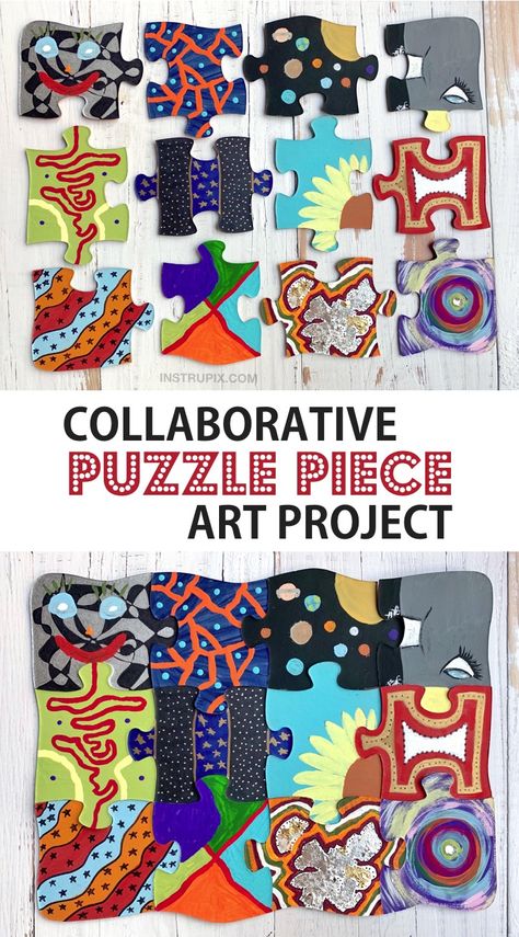 Fun DIY Puzzle Piece Craft Ideas (for kids & adults!) Easy School Art Projects, Family Craft Ideas Diy Projects, Arts And Crafts Club Ideas, Collaborative Family Art Projects, Diy Middle School Crafts, Team Art Projects, Art Ideas For Adults Projects, Collaborative Puzzle Art Project, Puzzle Club Ideas