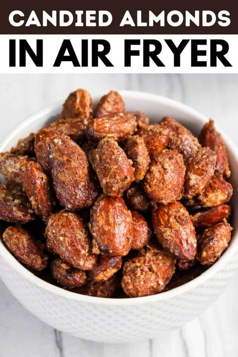 Satisfy your sweet tooth with this easy candied almonds recipe for an air fryer or oven. It turns ordinary nuts into a delightful snack. Air Fryer Cinnamon Almonds, Chili Lime Almonds Recipe, Candied Walnuts Easy Air Fryer, Candied Walnuts Easy Oven, Air Fryer Almonds, What To Do With Whole Almonds, Smokehouse Almonds Recipe, Candy Almonds, Candied Almonds Recipe