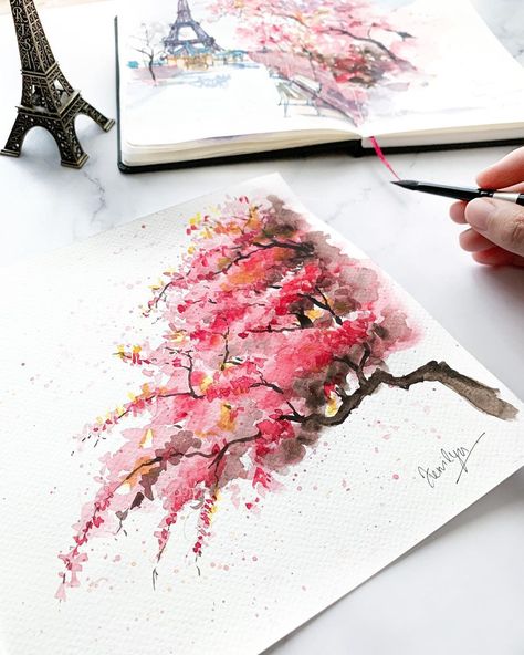 Kerrilyn Cheah on Instagram: "Painting trees has always been really therapeutic to me. If you are the type who loves to paint nature landscapes, you would know that…" How To Draw A Sakura Tree, Watercolour Cherry Blossom Tree, Sakura Tree Watercolor Painting, Sakura Painting Watercolour, Sakura Trees Painting, Sakura Flower Tree, Draw Spring Ideas, Water Colour Cherry Blossom, Paintings Of Cherry Blossom Trees