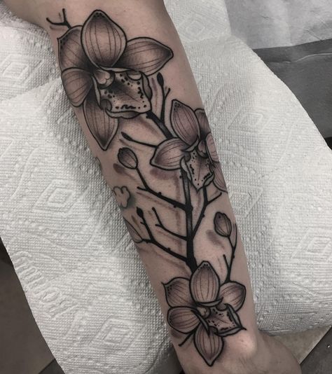 Orchids from Tonight!!.............. Thanks Jake!!!........ Made @thinktanktattoo ...............#tattoo #tattoos #traditional… Orchid Forearm Tattoo, Orchid Sleeve Tattoo, Traditional Orchid Tattoo, Tattoos Traditional, Orchid Tattoo, Forearm Sleeve, Forearm Tattoo, Tattoo Inspo, Sleeve Tattoos